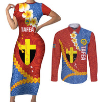 Tafea Province Couples Matching Short Sleeve Bodycon Dress and Long Sleeve Button Shirt Vanuatu Pattern Map - Plumeria Flag Color