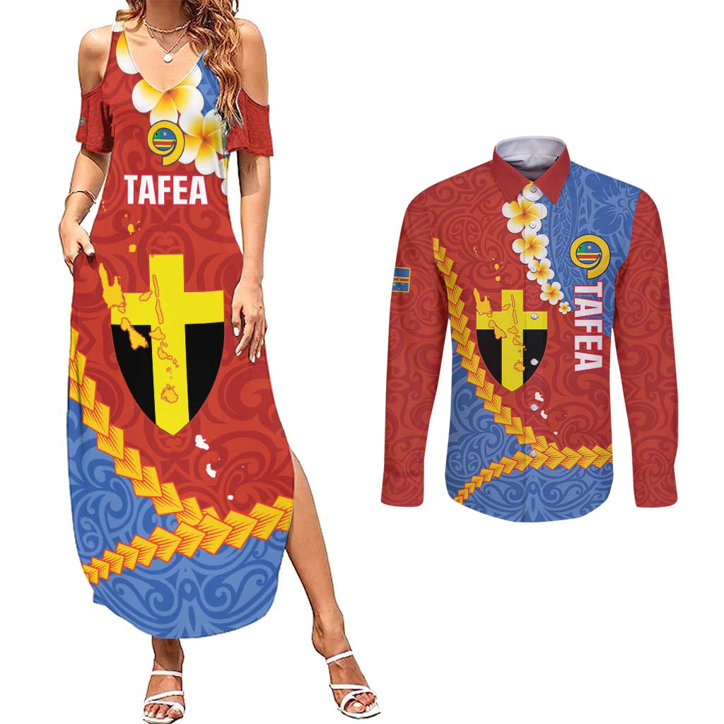 Tafea Province Couples Matching Summer Maxi Dress and Long Sleeve Button Shirt Vanuatu Pattern Map - Plumeria Flag Color