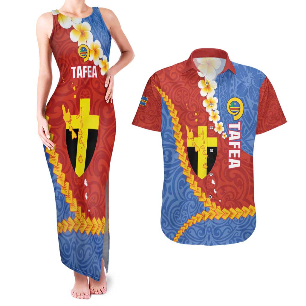 Tafea Province Couples Matching Tank Maxi Dress and Hawaiian Shirt Vanuatu Pattern Map - Plumeria Flag Color