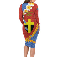 Tafea Province Family Matching Long Sleeve Bodycon Dress and Hawaiian Shirt Vanuatu Pattern Map - Plumeria Flag Color