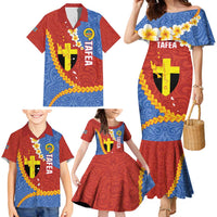 Tafea Province Family Matching Mermaid Dress and Hawaiian Shirt Vanuatu Pattern Map - Plumeria Flag Color