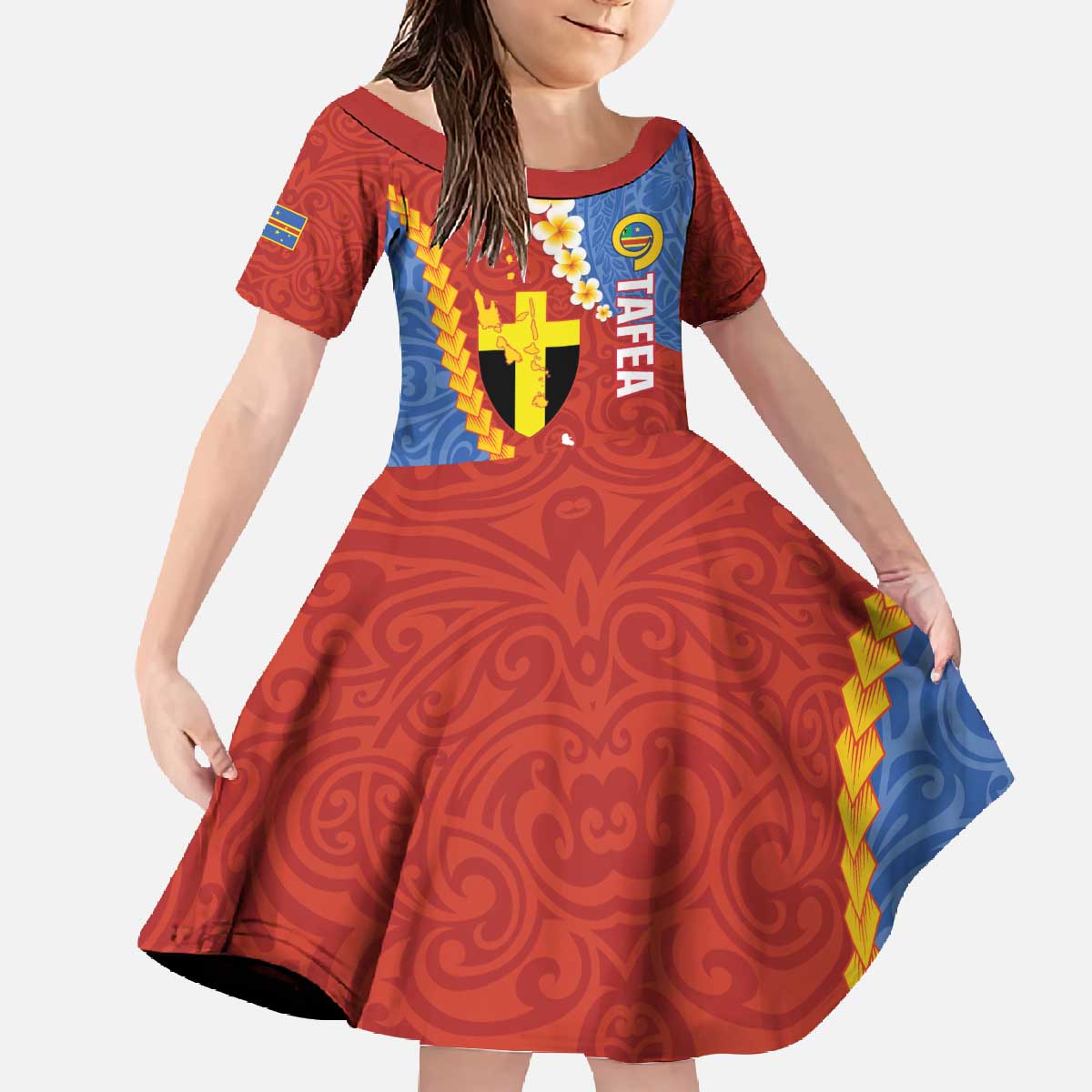 Tafea Province Family Matching Off The Shoulder Long Sleeve Dress and Hawaiian Shirt Vanuatu Pattern Map - Plumeria Flag Color LT14 Daughter's Dress Red - Polynesian Pride