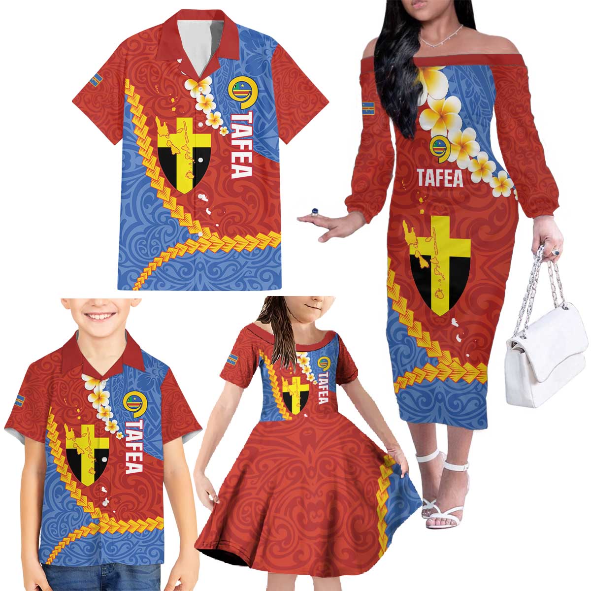 Tafea Province Family Matching Off The Shoulder Long Sleeve Dress and Hawaiian Shirt Vanuatu Pattern Map - Plumeria Flag Color LT14 - Polynesian Pride