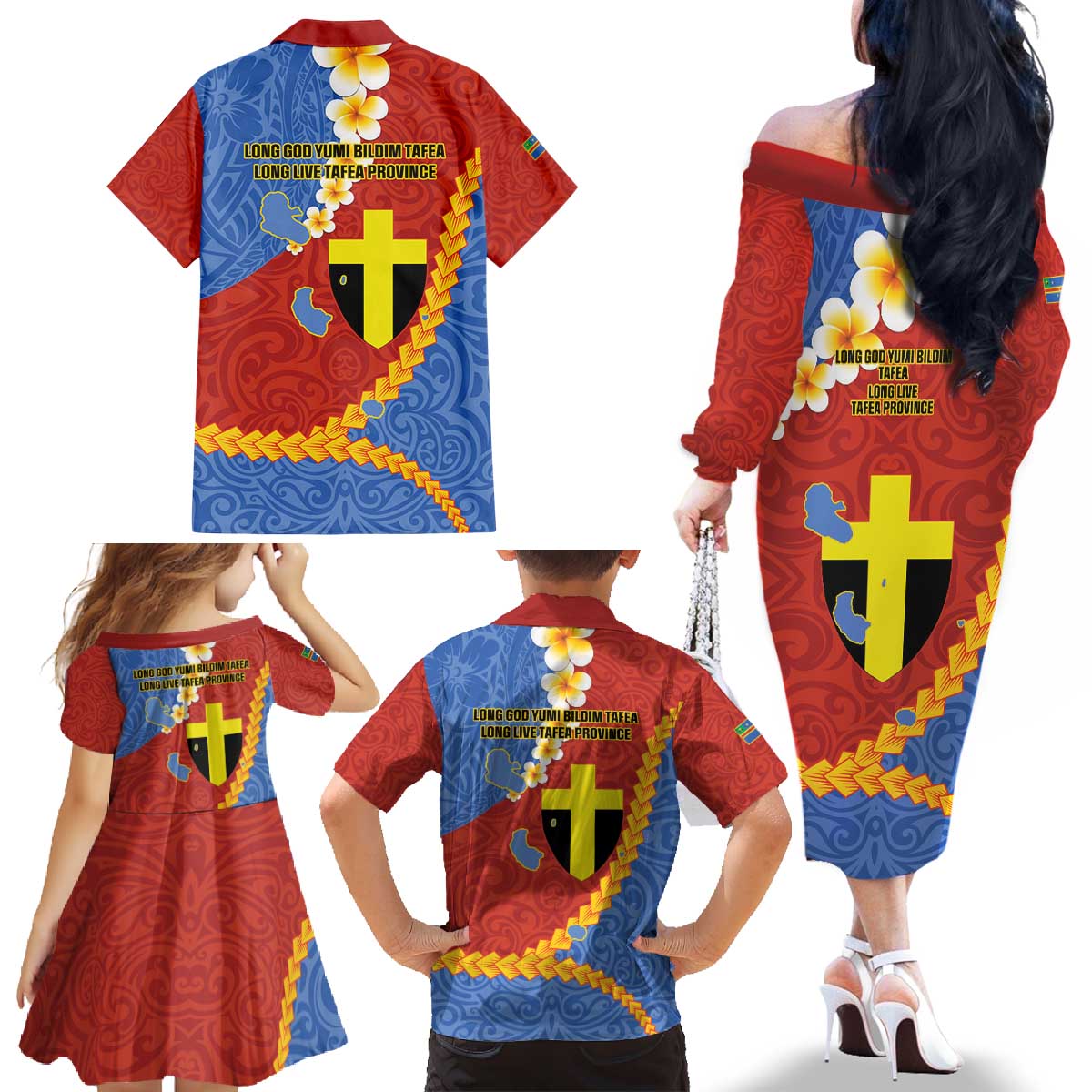 Tafea Province Family Matching Off The Shoulder Long Sleeve Dress and Hawaiian Shirt Vanuatu Pattern Map - Plumeria Flag Color LT14 - Polynesian Pride