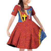 Tafea Province Family Matching Off Shoulder Short Dress and Hawaiian Shirt Vanuatu Pattern Map - Plumeria Flag Color LT14 Daughter's Dress Red - Polynesian Pride