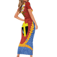 Tafea Province Family Matching Short Sleeve Bodycon Dress and Hawaiian Shirt Vanuatu Pattern Map - Plumeria Flag Color