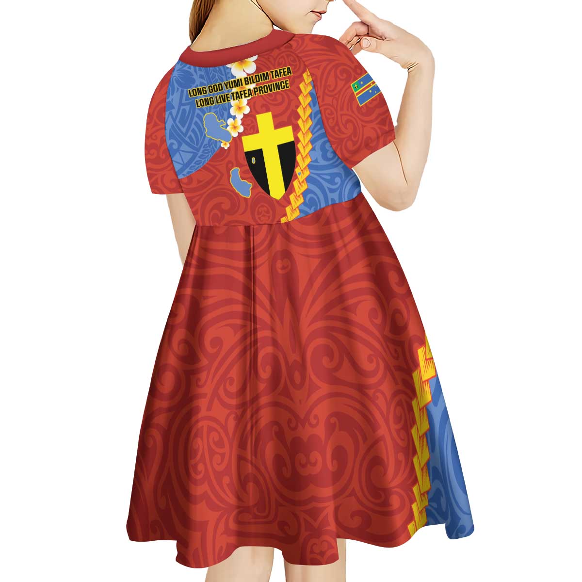 Tafea Province Kid Short Sleeve Dress Vanuatu Pattern Map - Plumeria Flag Color