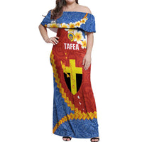 Tafea Province Off Shoulder Maxi Dress Vanuatu Pattern Map - Plumeria Flag Color