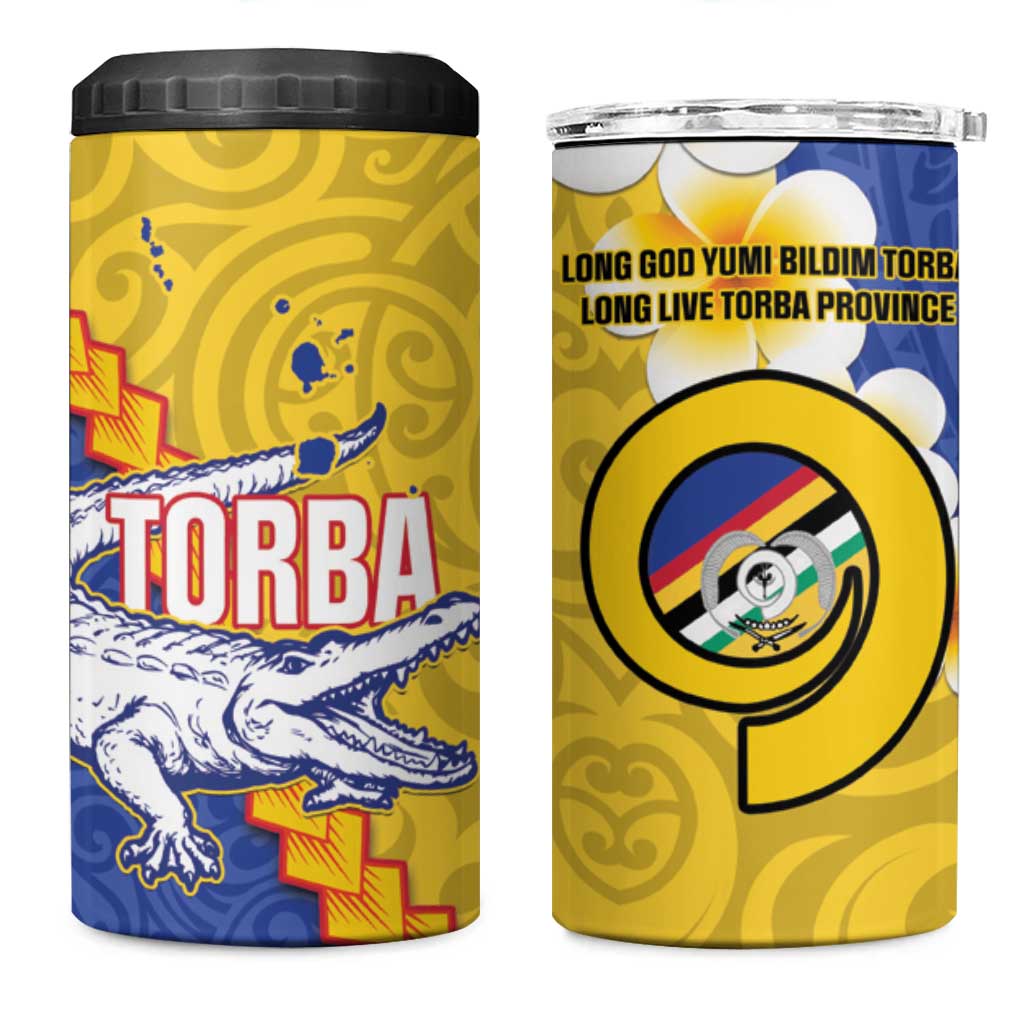 Torba Province 4 in 1 Can Cooler Tumbler Vanuatu Pattern Crocodile With Plumeria Flag Color