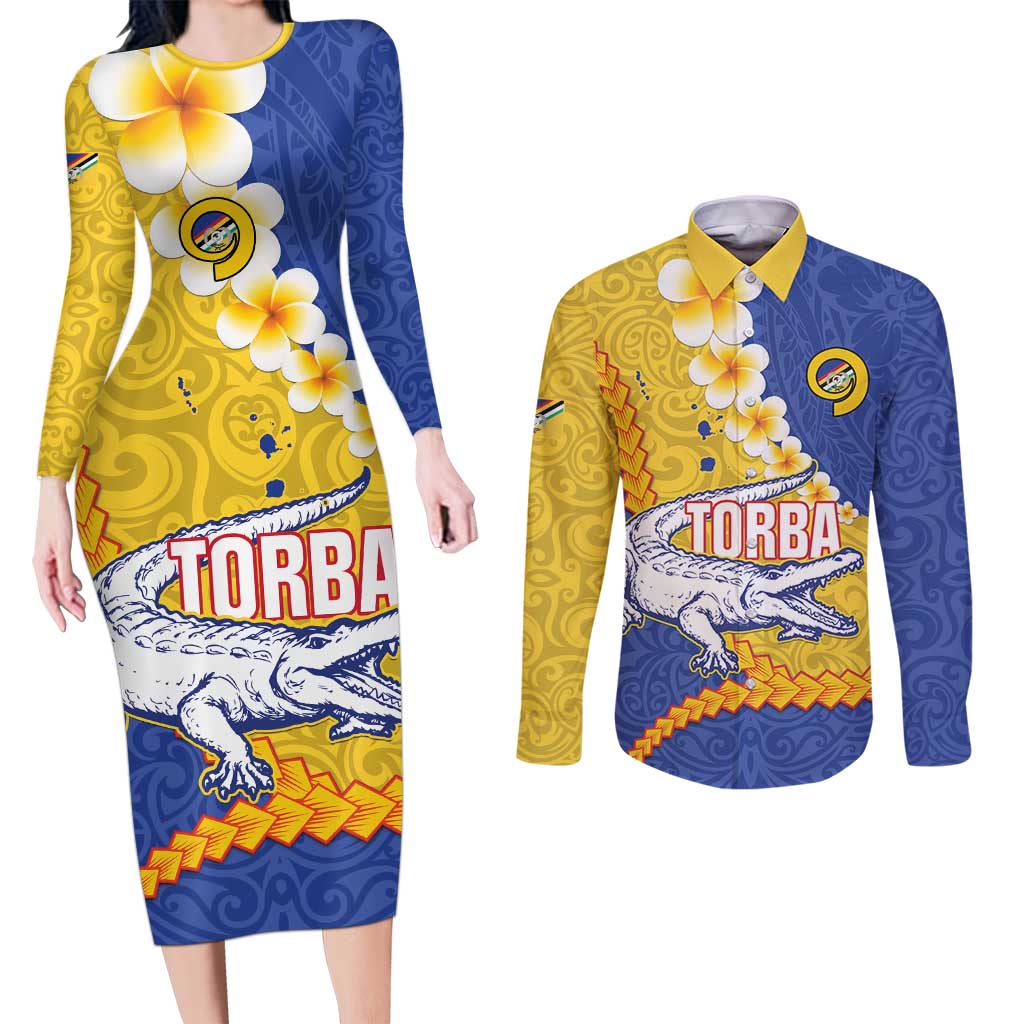 Torba Province Couples Matching Long Sleeve Bodycon Dress and Long Sleeve Button Shirt Vanuatu Pattern Crocodile - Plumeria Flag Color