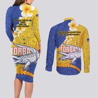 Torba Province Couples Matching Long Sleeve Bodycon Dress and Long Sleeve Button Shirt Vanuatu Pattern Crocodile - Plumeria Flag Color