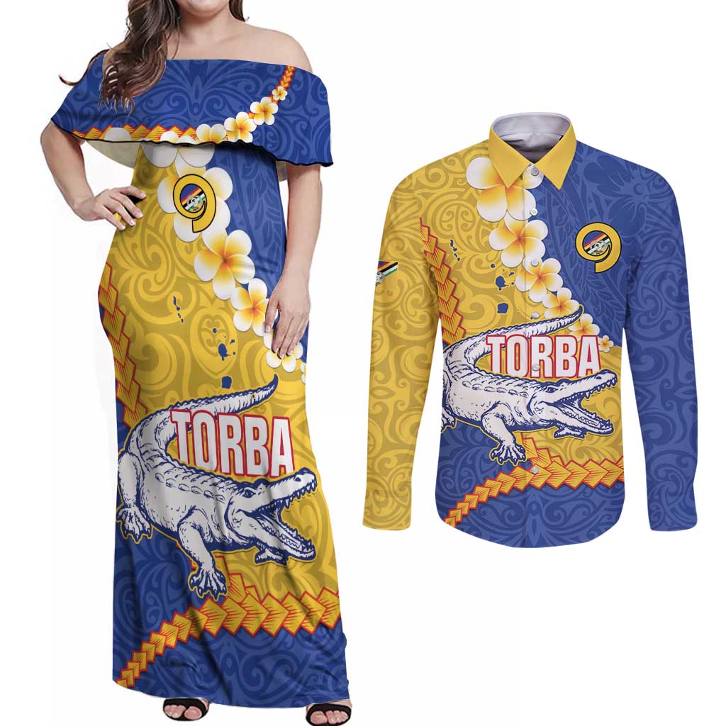 Torba Province Couples Matching Off Shoulder Maxi Dress and Long Sleeve Button Shirt Vanuatu Pattern Crocodile - Plumeria Flag Color