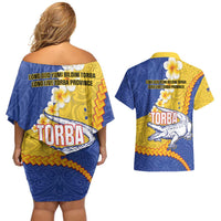 Torba Province Couples Matching Off Shoulder Short Dress and Hawaiian Shirt Vanuatu Pattern Crocodile - Plumeria Flag Color