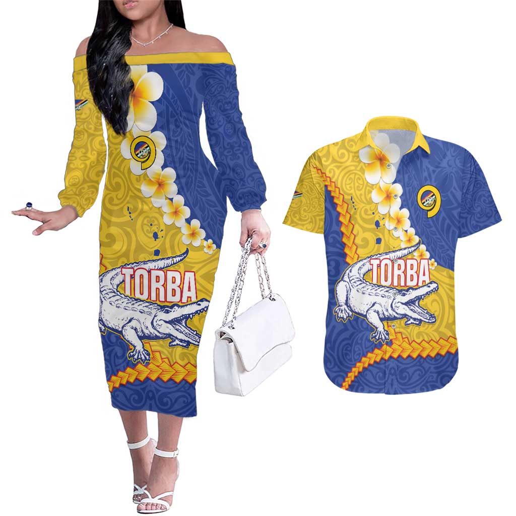Torba Province Couples Matching Off The Shoulder Long Sleeve Dress and Hawaiian Shirt Vanuatu Pattern Crocodile - Plumeria Flag Color
