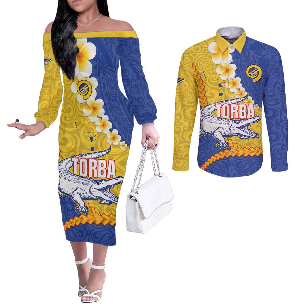 Torba Province Couples Matching Off The Shoulder Long Sleeve Dress and Long Sleeve Button Shirt Vanuatu Pattern Crocodile - Plumeria Flag Color