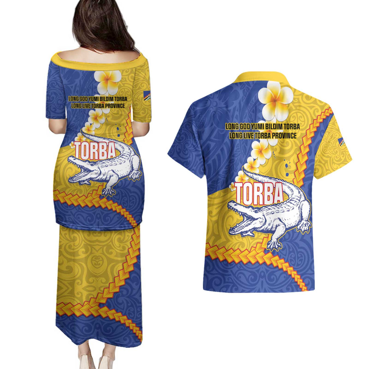 Torba Province Couples Matching Puletasi and Hawaiian Shirt Vanuatu Pattern Crocodile - Plumeria Flag Color