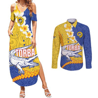 Torba Province Couples Matching Summer Maxi Dress and Long Sleeve Button Shirt Vanuatu Pattern Crocodile - Plumeria Flag Color