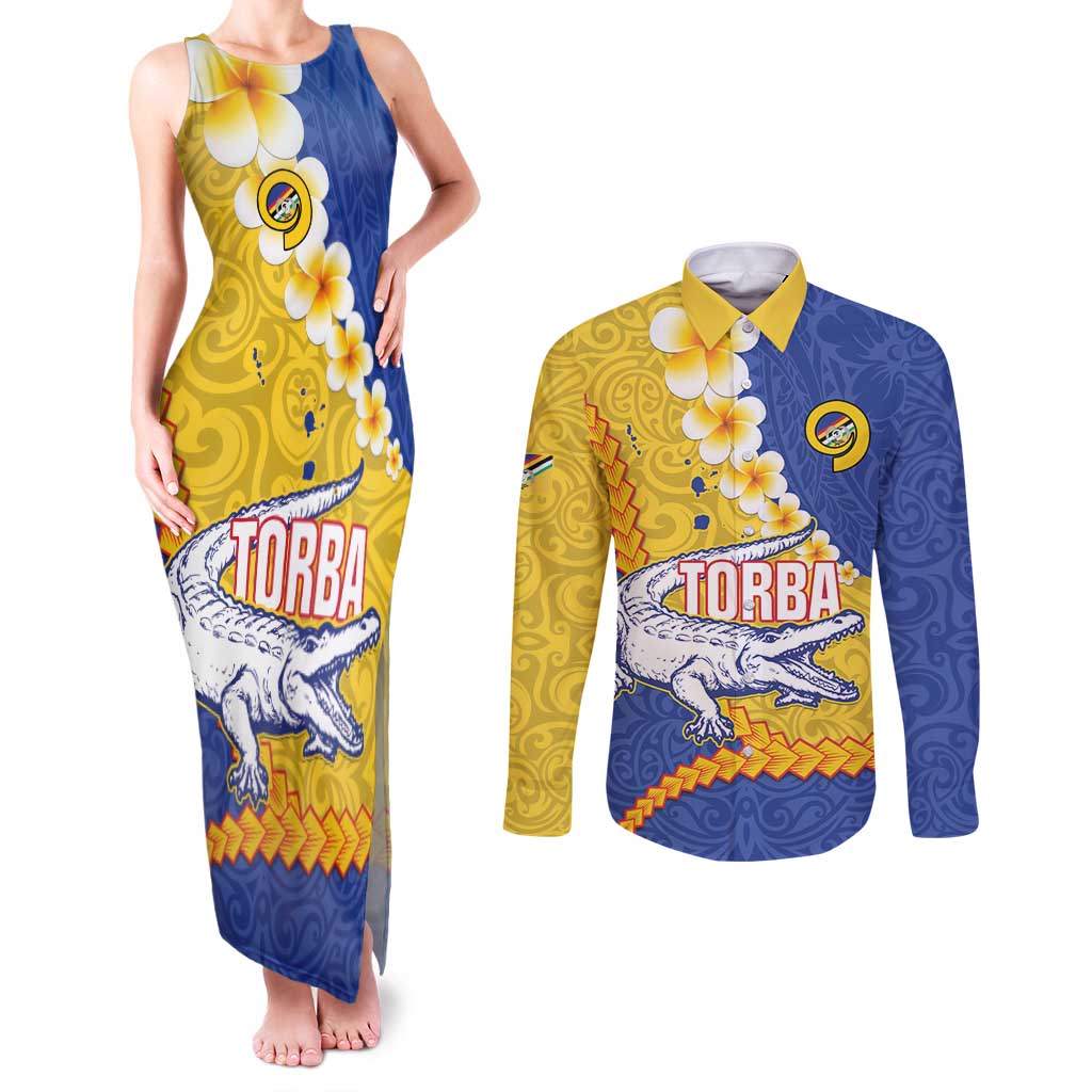 Torba Province Couples Matching Tank Maxi Dress and Long Sleeve Button Shirt Vanuatu Pattern Crocodile - Plumeria Flag Color