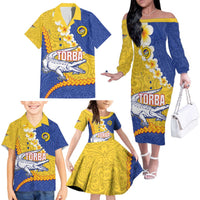 Torba Province Family Matching Off The Shoulder Long Sleeve Dress and Hawaiian Shirt Vanuatu Pattern Crocodile - Plumeria Flag Color LT14 - Polynesian Pride
