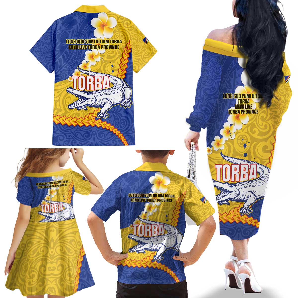 Torba Province Family Matching Off The Shoulder Long Sleeve Dress and Hawaiian Shirt Vanuatu Pattern Crocodile - Plumeria Flag Color LT14 - Polynesian Pride
