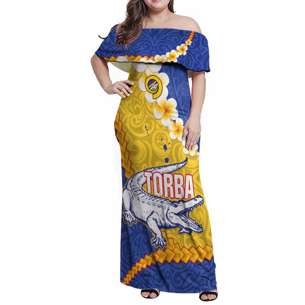 Torba Province Family Matching Off Shoulder Maxi Dress and Hawaiian Shirt Vanuatu Pattern Crocodile - Plumeria Flag Color LT14 Mom's Dress Yellow - Polynesian Pride