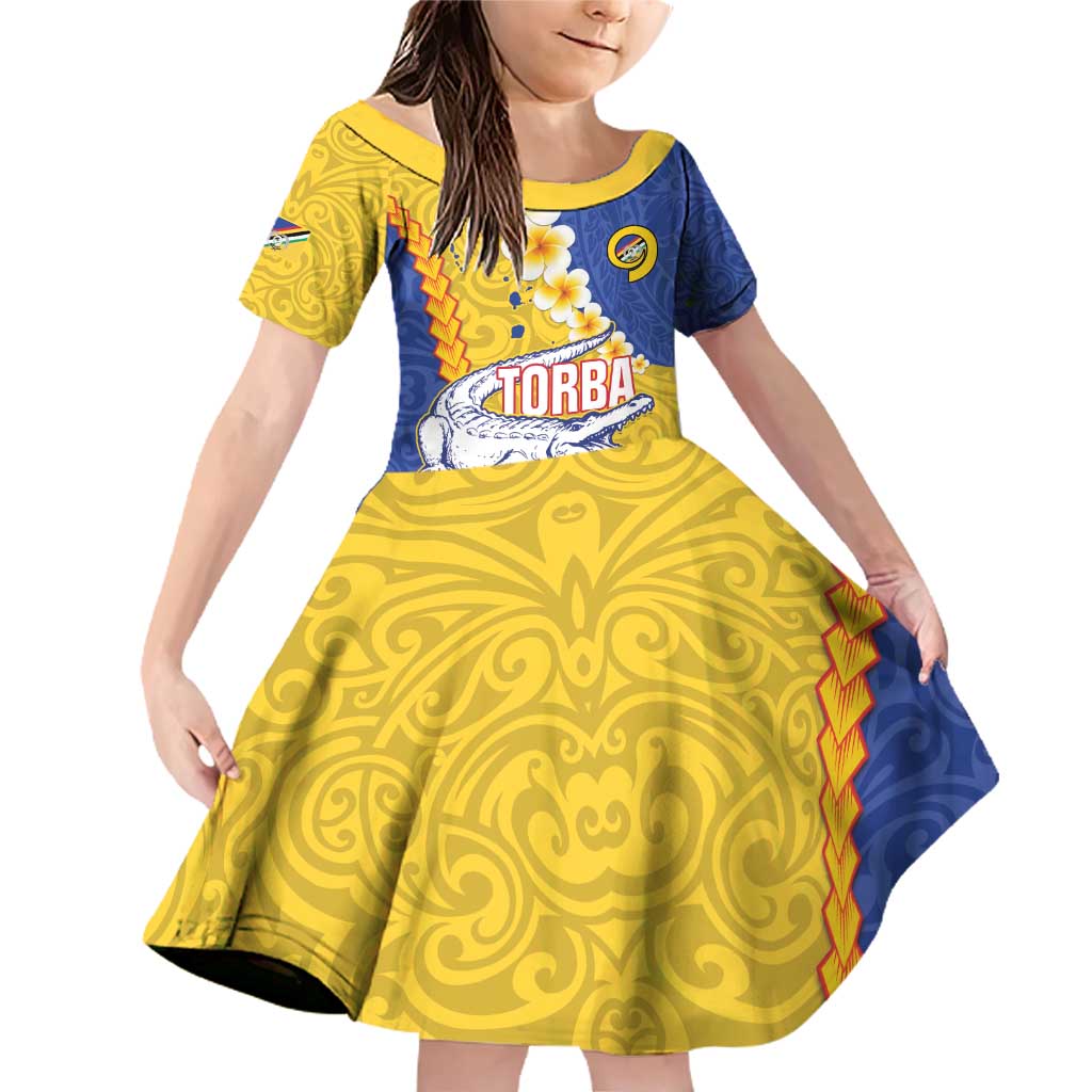 Torba Province Family Matching Off Shoulder Short Dress and Hawaiian Shirt Vanuatu Pattern Crocodile - Plumeria Flag Color LT14 Daughter's Dress Yellow - Polynesian Pride