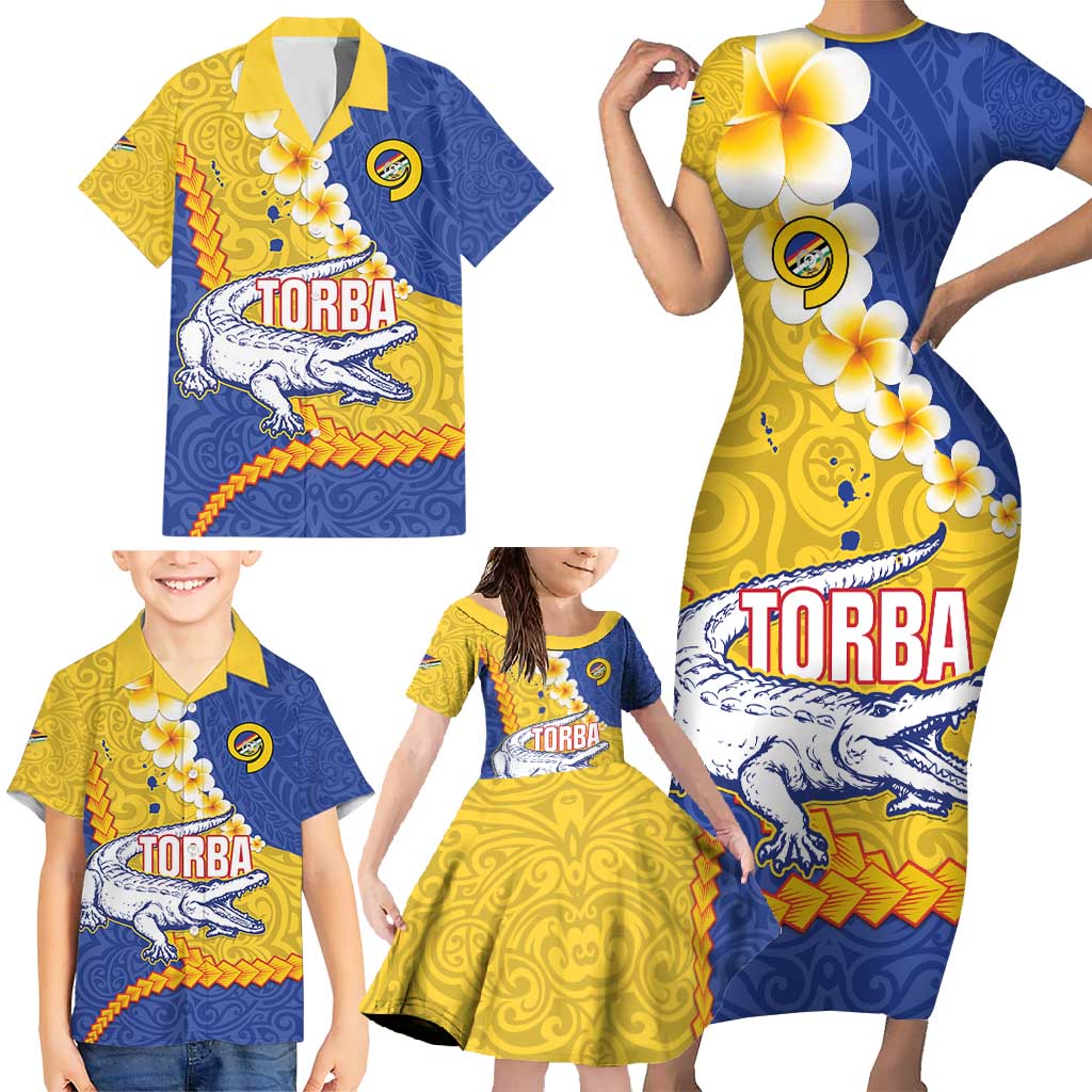 Torba Province Family Matching Short Sleeve Bodycon Dress and Hawaiian Shirt Vanuatu Pattern Crocodile - Plumeria Flag Color LT14 - Polynesian Pride