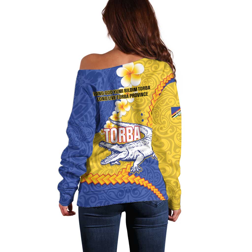 Torba Province Off Shoulder Sweater Vanuatu Pattern Crocodile - Plumeria Flag Color