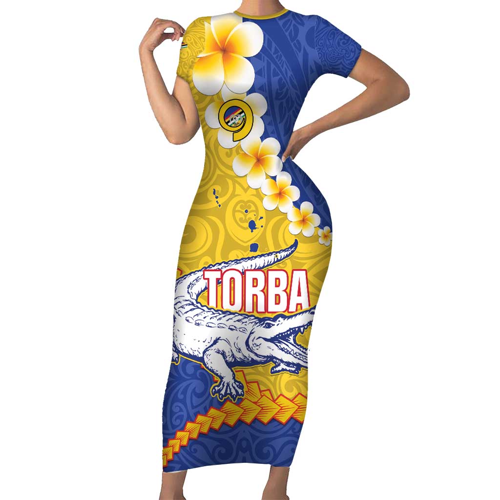 Torba Province Short Sleeve Bodycon Dress Vanuatu Pattern Crocodile - Plumeria Flag Color LT14 Long Dress Yellow - Polynesian Pride