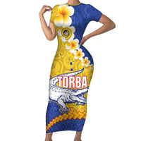Torba Province Short Sleeve Bodycon Dress Vanuatu Pattern Crocodile - Plumeria Flag Color LT14 Long Dress Yellow - Polynesian Pride