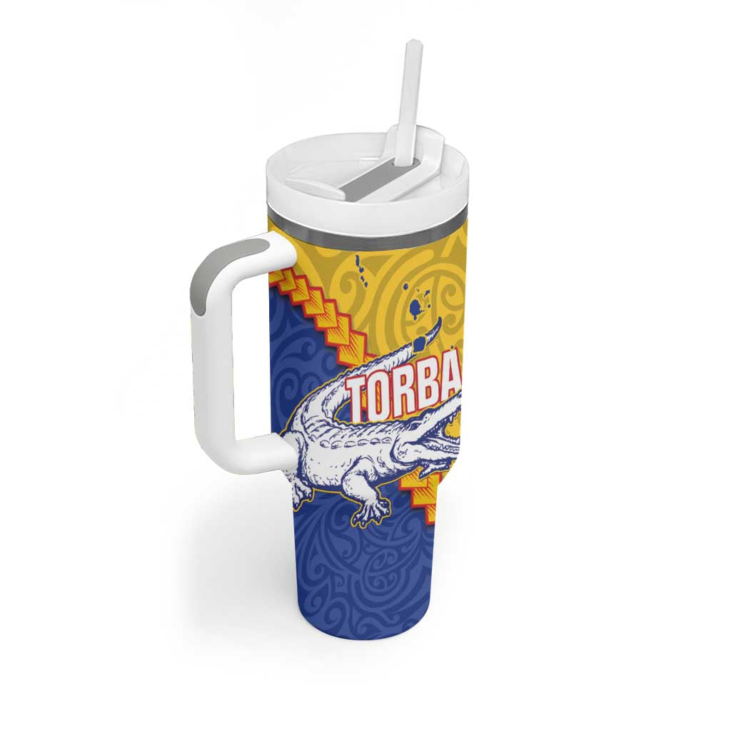 Torba Province Tumbler With Handle Vanuatu Pattern Crocodile With Plumeria Flag Color