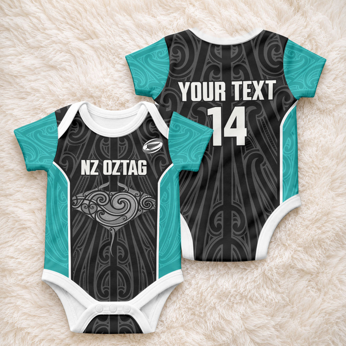 Custom New Zealand Stingray Oztag Baby Onesie Tag Rugby Maori Pattern Black Version LT14 - Polynesian Pride