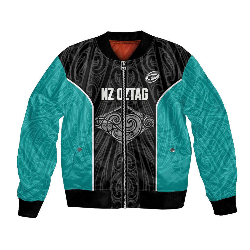Custom New Zealand Stingray Oztag Bomber Jacket Tag Rugby Maori Pattern Black Version LT14 Unisex Black - Polynesian Pride