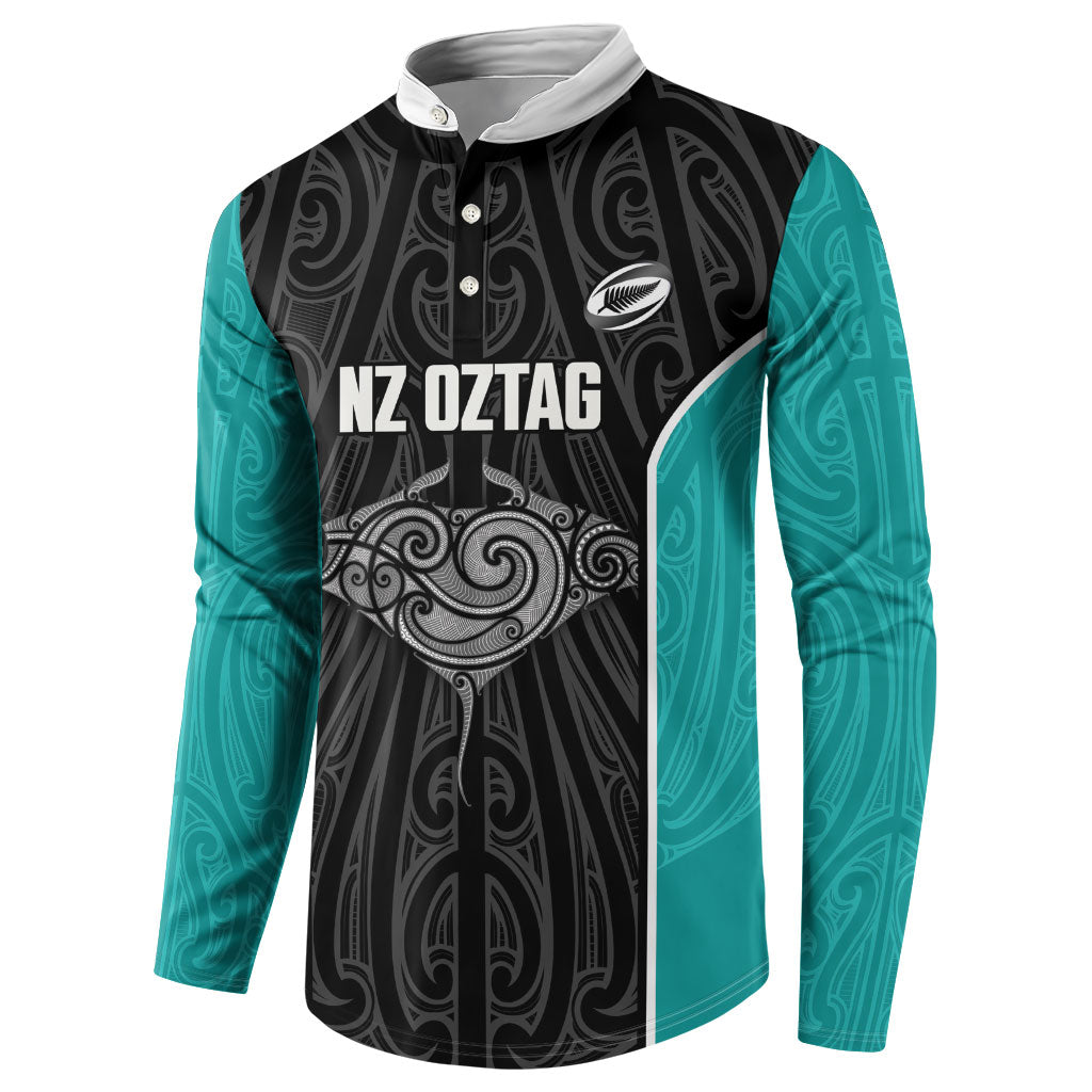 Custom New Zealand Stingray Oztag Button Sweatshirt Tag Rugby Maori Pattern Black Version LT14 - Polynesian Pride