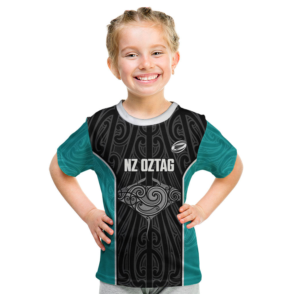 Custom New Zealand Stingray Oztag Kid T Shirt Tag Rugby Maori Pattern Black Version LT14 Black - Polynesian Pride