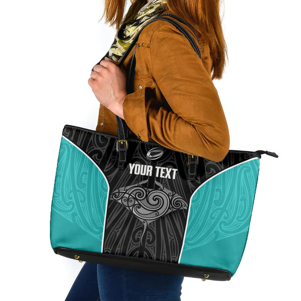 Custom New Zealand Stingray Oztag Leather Tote Bag Tag Rugby Maori Pattern Black Version LT14 Black - Polynesian Pride