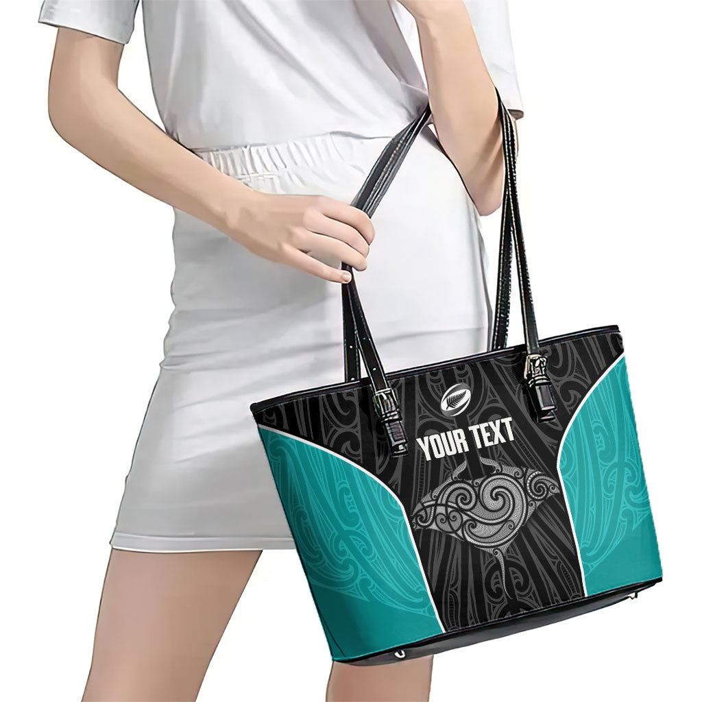 Custom New Zealand Stingray Oztag Leather Tote Bag Tag Rugby Maori Pattern Black Version LT14 - Polynesian Pride