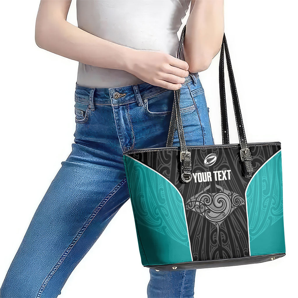 Custom New Zealand Stingray Oztag Leather Tote Bag Tag Rugby Maori Pattern Black Version LT14 - Polynesian Pride