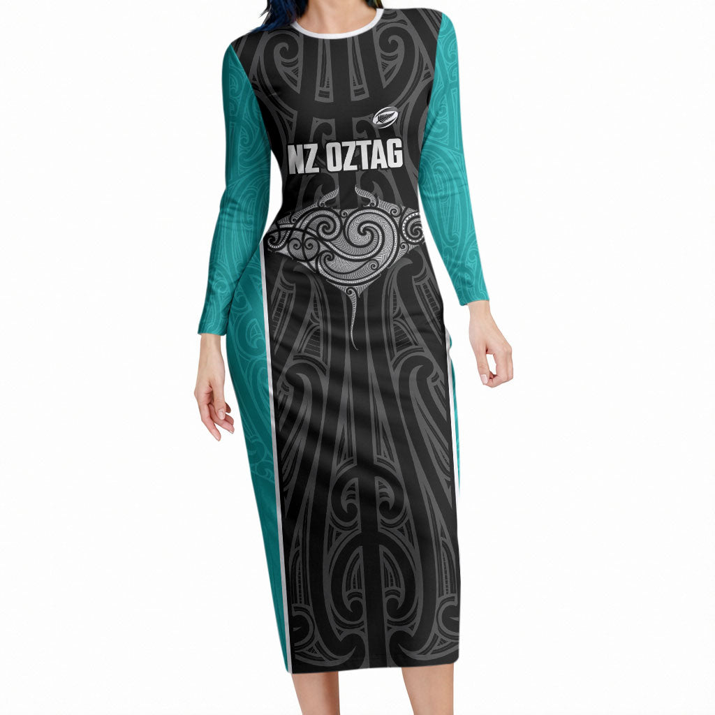 Custom New Zealand Stingray Oztag Long Sleeve Bodycon Dress Tag Rugby Maori Pattern Black Version LT14 Long Dress Black - Polynesian Pride