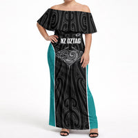 Custom New Zealand Stingray Oztag Off Shoulder Maxi Dress Tag Rugby Maori Pattern Black Version LT14 Women Black - Polynesian Pride