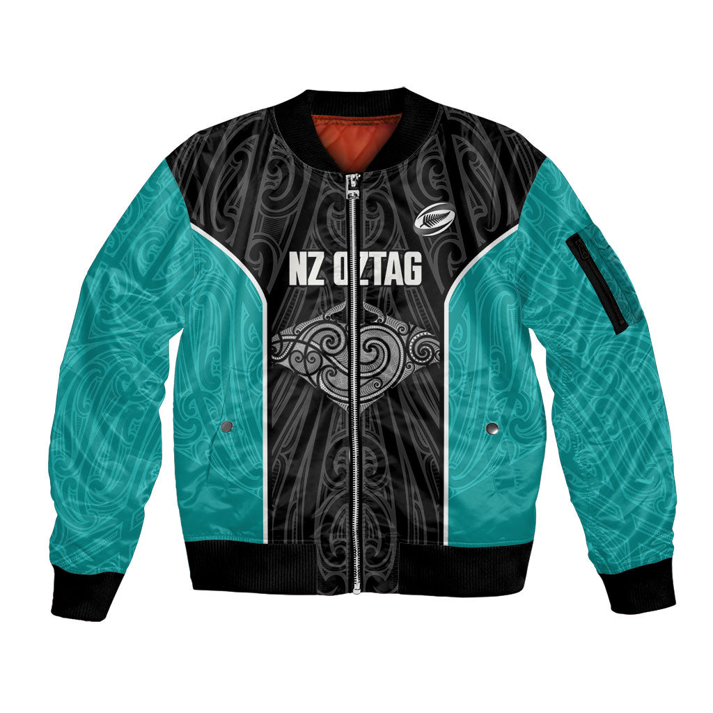 Custom New Zealand Stingray Oztag Sleeve Zip Bomber Jacket Tag Rugby Maori Pattern Black Version LT14 Unisex Black - Polynesian Pride