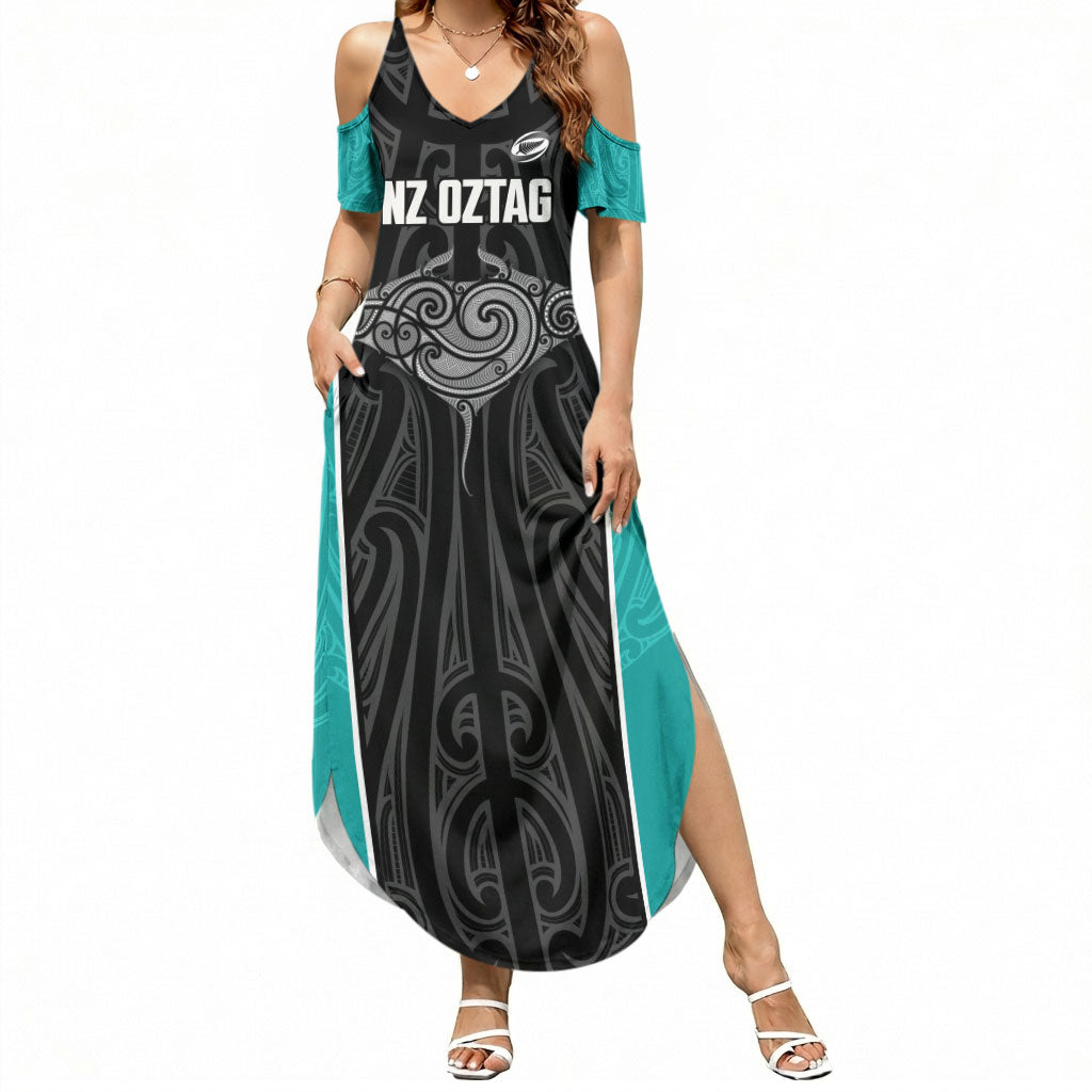 Custom New Zealand Stingray Oztag Summer Maxi Dress Tag Rugby Maori Pattern Black Version LT14 Women Black - Polynesian Pride