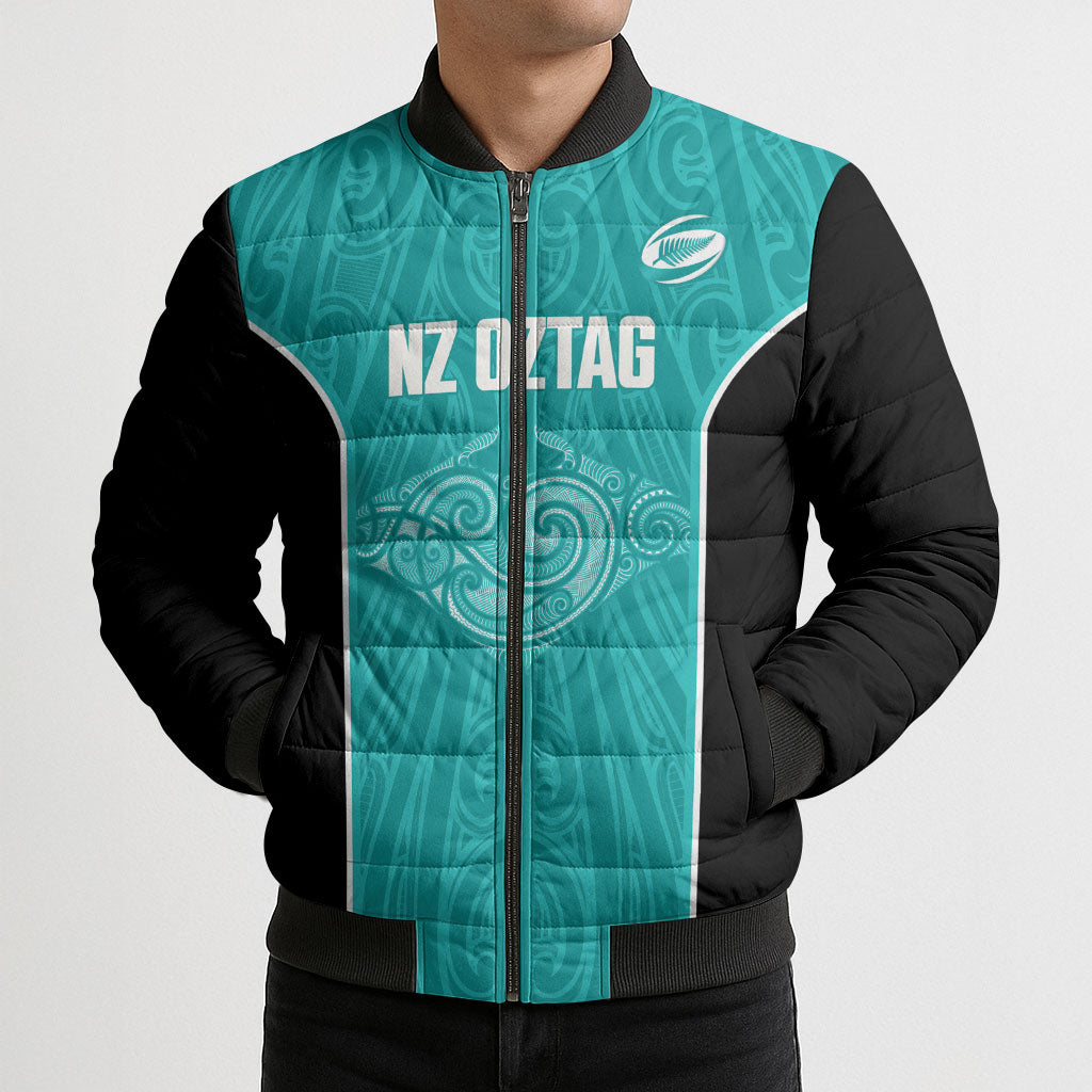 Custom New Zealand Stingray Oztag Bomber Puffer Jacket Tag Rugby Maori Pattern Teal Version LT14 - Polynesian Pride