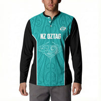 Custom New Zealand Stingray Oztag Button Sweatshirt Tag Rugby Maori Pattern Teal Version LT14 - Polynesian Pride