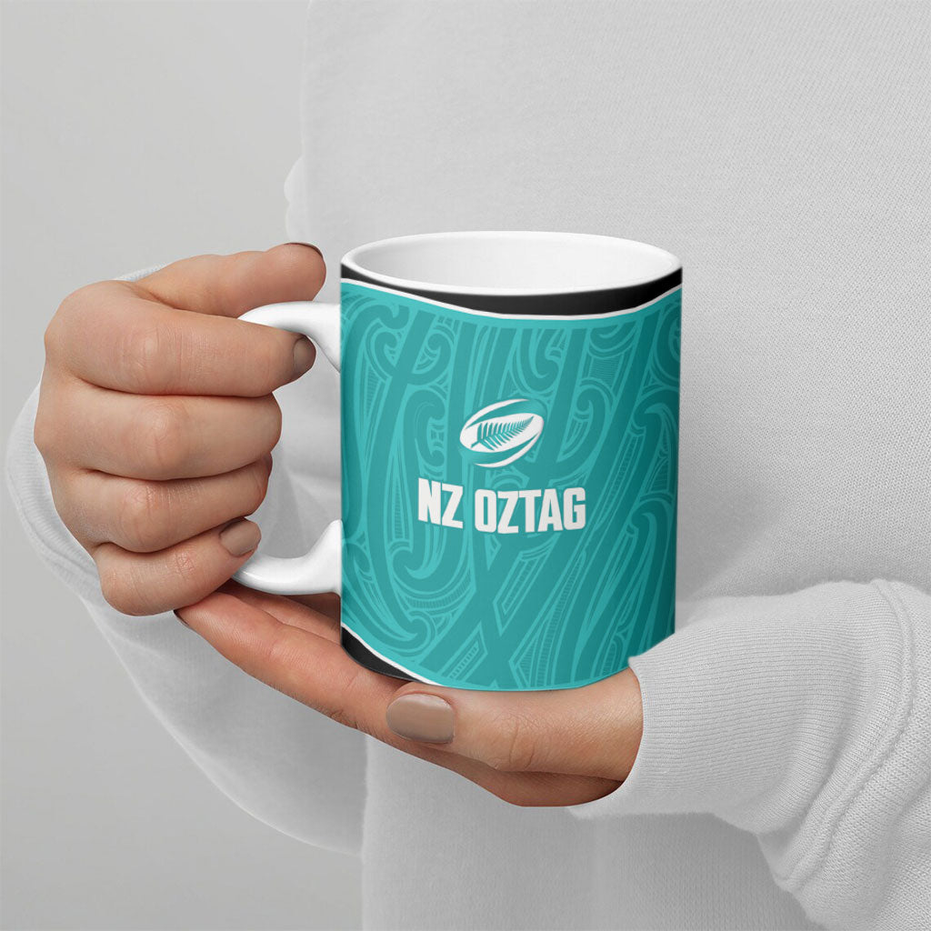Custom New Zealand Stingray Oztag Ceramic Mug Tag Rugby Maori Pattern Teal Version LT14 - Polynesian Pride