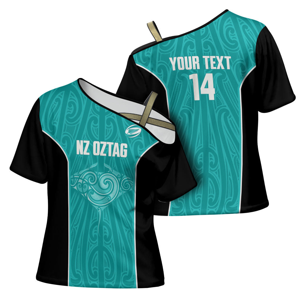 Custom New Zealand Stingray Oztag Cross Shoulder Shirt Tag Rugby Maori Pattern Teal Version LT14 - Polynesian Pride