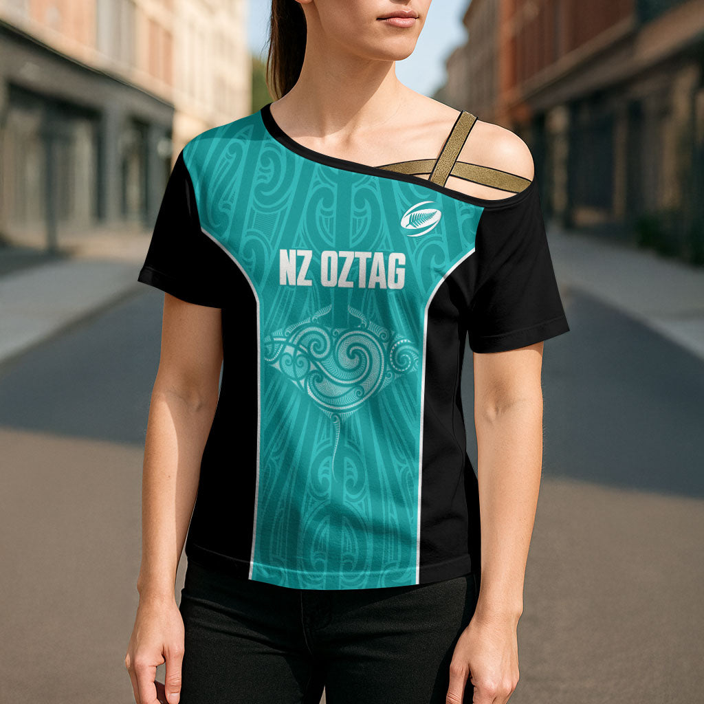 Custom New Zealand Stingray Oztag Cross Shoulder Shirt Tag Rugby Maori Pattern Teal Version LT14 - Polynesian Pride