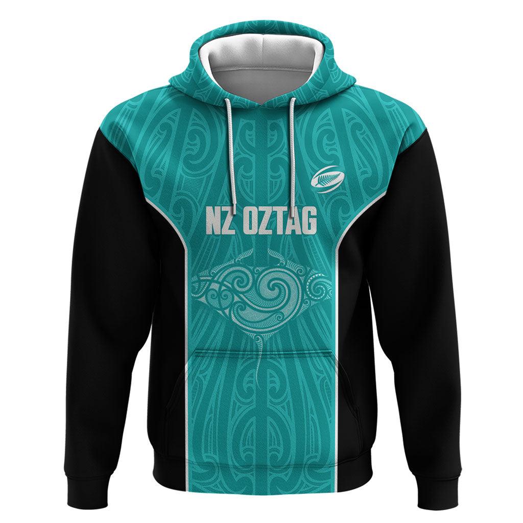 Custom New Zealand Stingray Oztag Hoodie Tag Rugby Maori Pattern Teal Version LT14 Pullover Hoodie Teal - Polynesian Pride