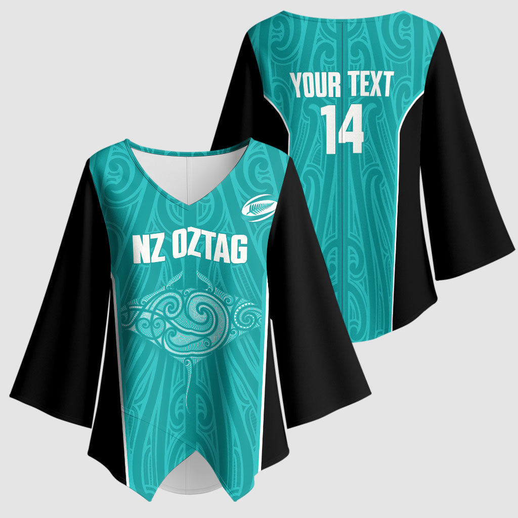 Custom New Zealand Stingray Oztag Kimono Sleeve Blouse Tag Rugby Maori Pattern Teal Version LT14 - Polynesian Pride