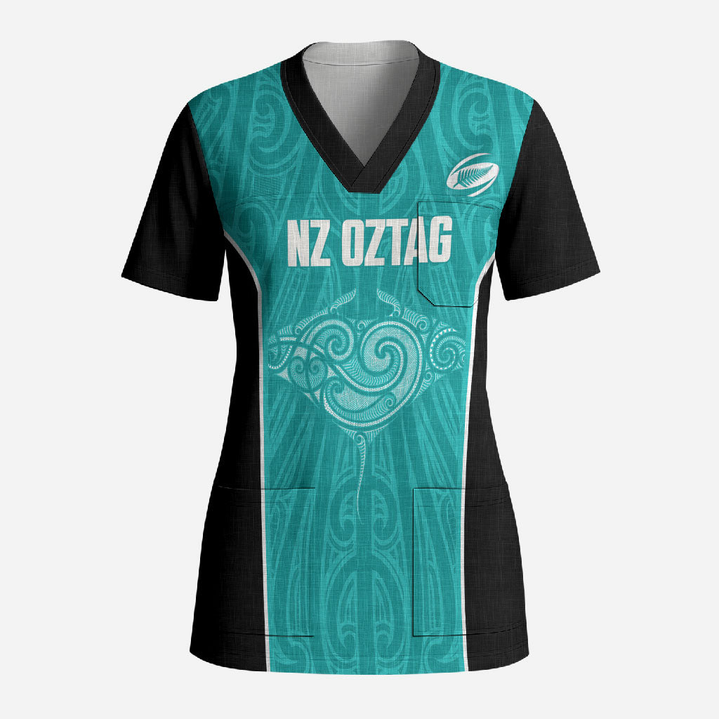Custom New Zealand Stingray Oztag Scrub Top Tag Rugby Maori Pattern Teal Version LT14 Adult Teal - Polynesian Pride